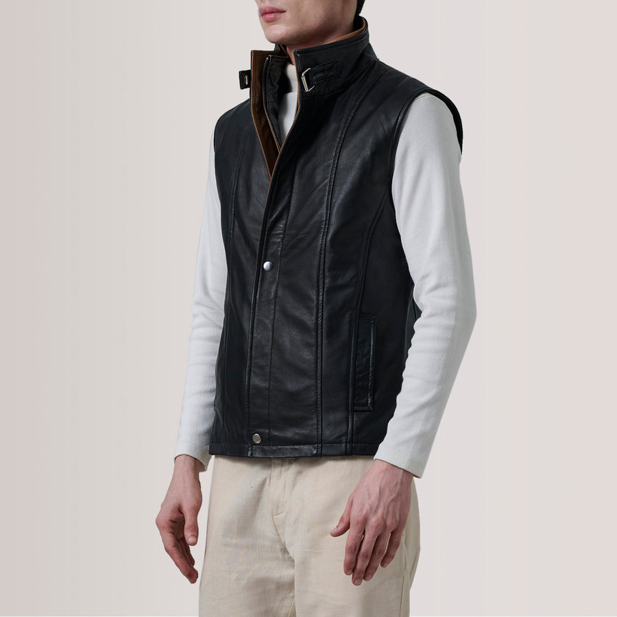 Men’s Semi-Aniline Sheepskin Leather Vest – Band Collar with Buckle