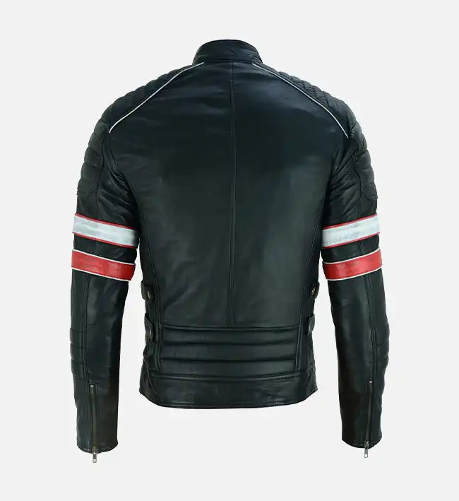Men’s Sheepskin Red and White Striped Café Racer Leather Jacket