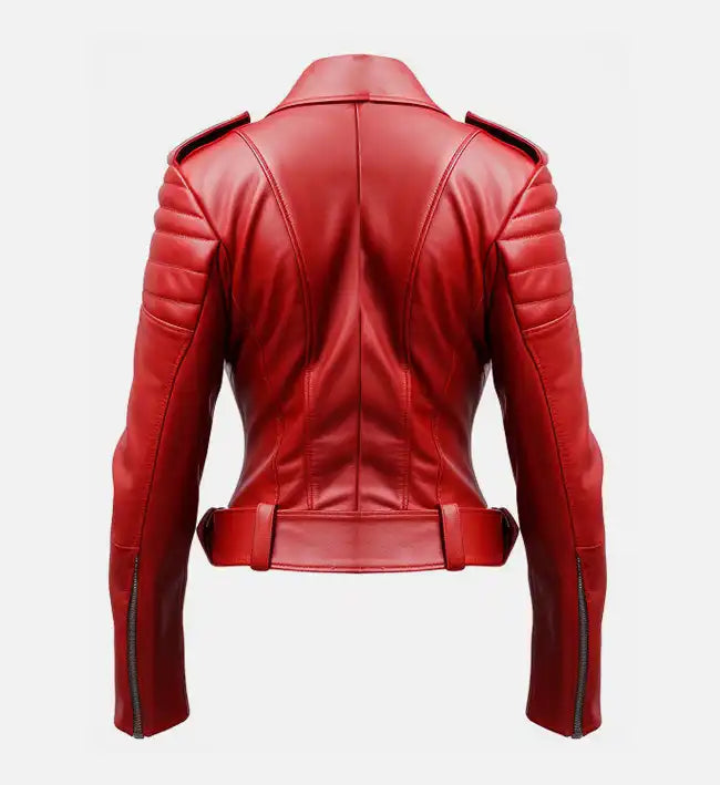 Women’s Sheepskin Leather Biker Jacket – Red with Quilted Sleeves