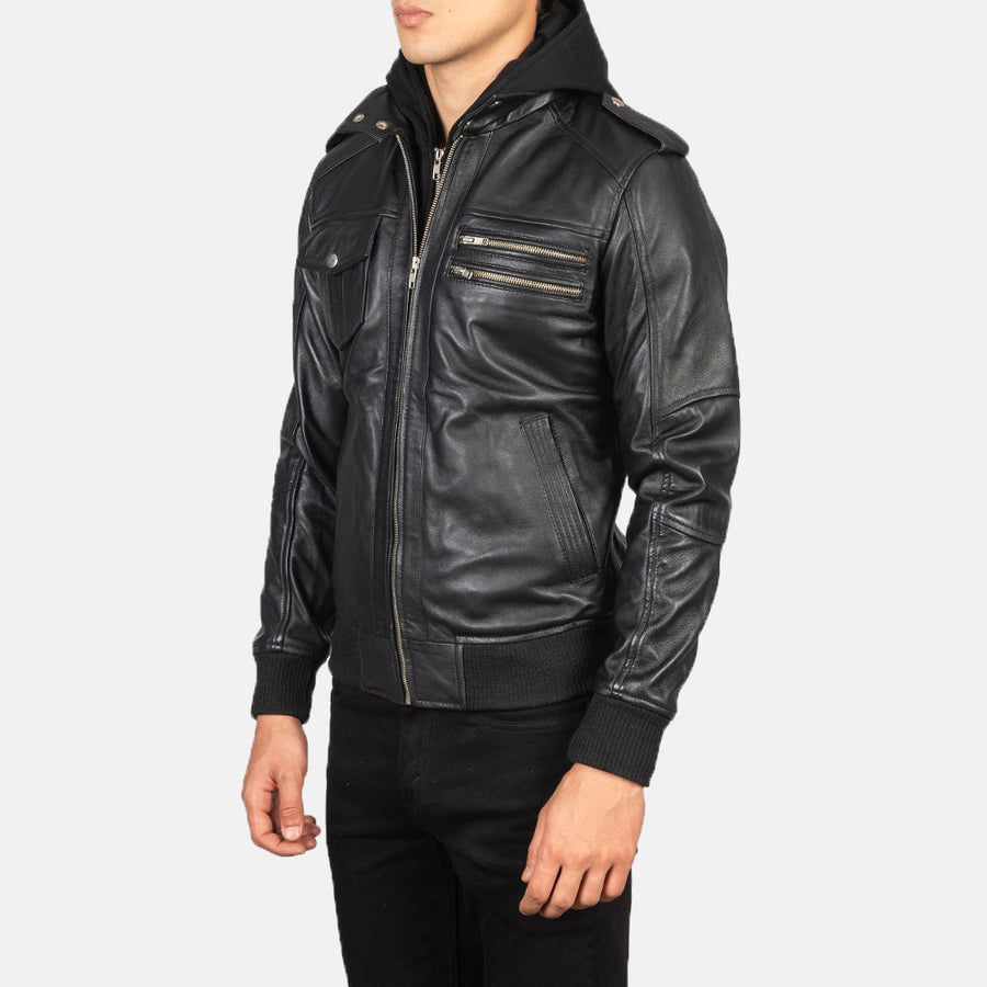 Men’s Sheepskin Leather Jacket with High-Neck Collar & Removable Hood