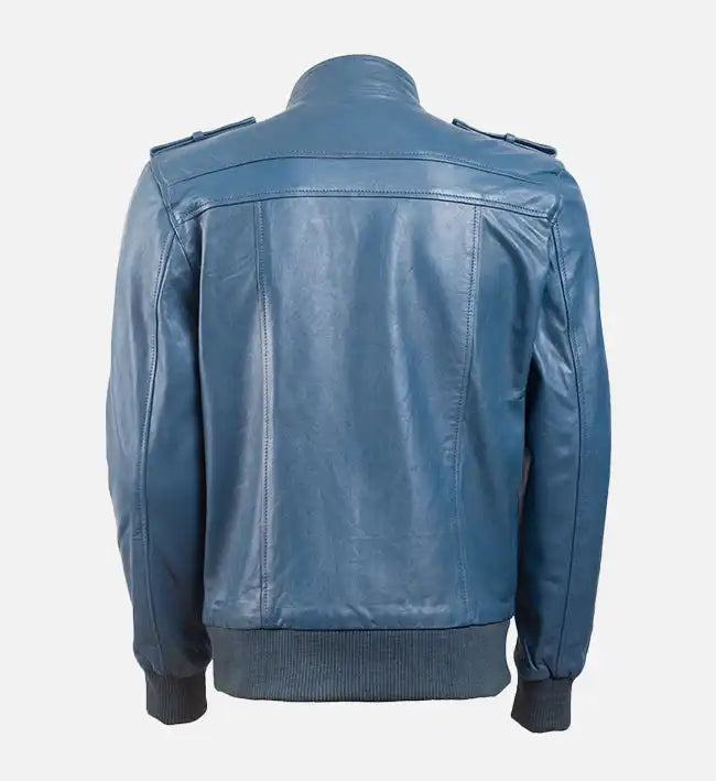 Men’s Sheepskin Band Collar Blue Bomber Leather Jacket