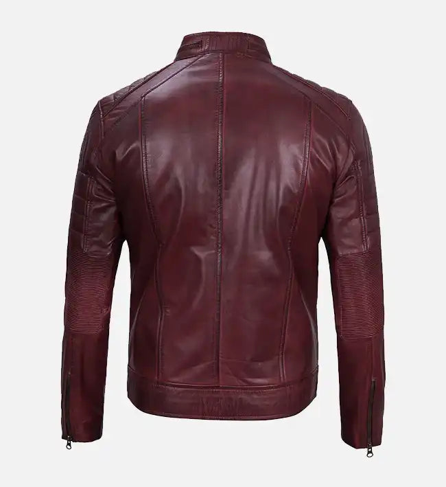 Men’s Sheepskin Leather Jacket – Maroon with Quilted Shoulders and Streamlined Back