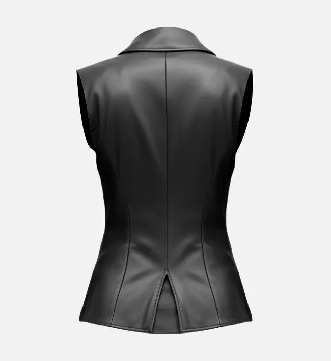 Women’s Black Sheepskin Leather Vest with Fitted Silhouette & Notched Lapel