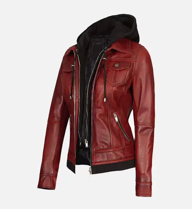 Women’s Sheepskin Leather Jacket – Red with Removable Hood and Contrast Waistline