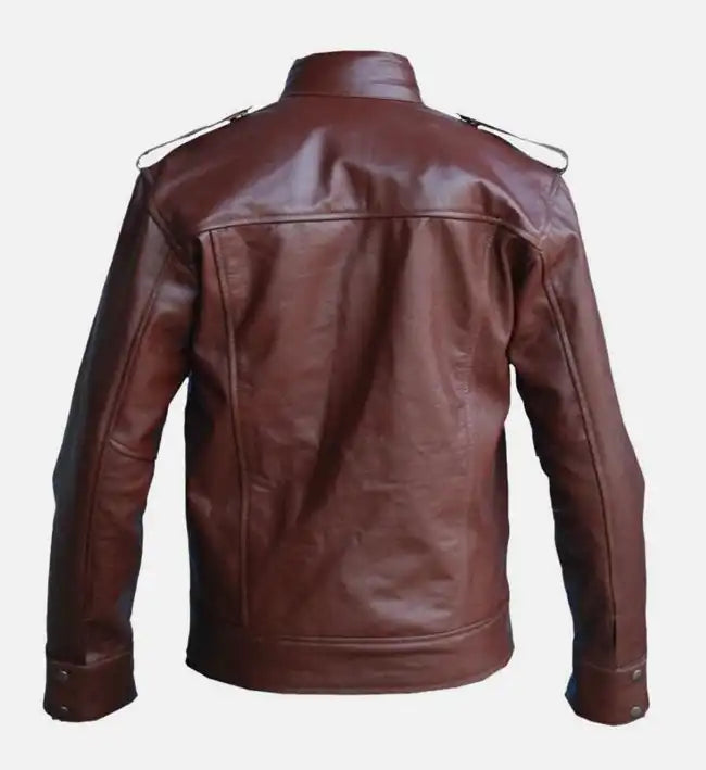 Men’s Sheepskin Leather Biker Jacket – Reddish Brown with Shoulder Epaulets