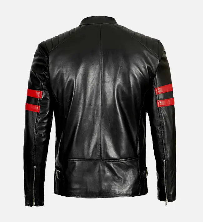 Men’s Sheepskin Red Stripes Black Biker Leather Jacket