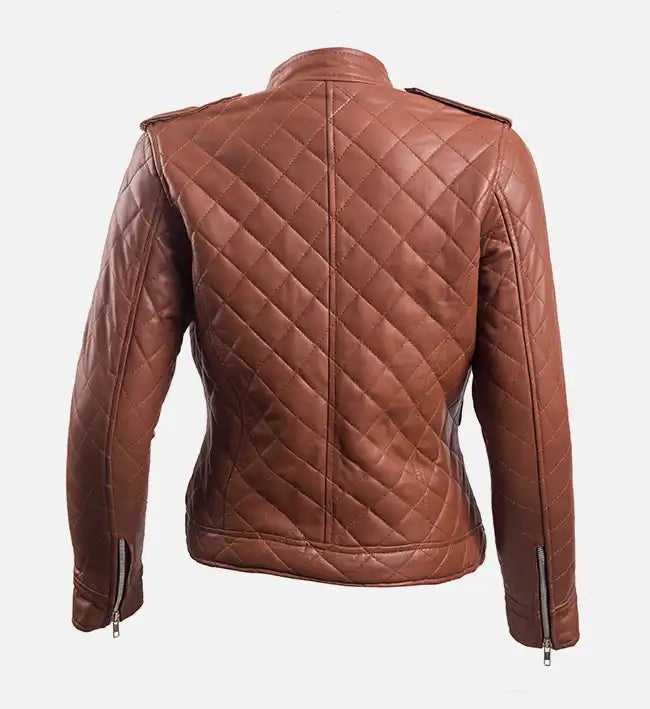 Women’s Sheepskin Leather Moto Jacket – Quilted Blue & Brown Design