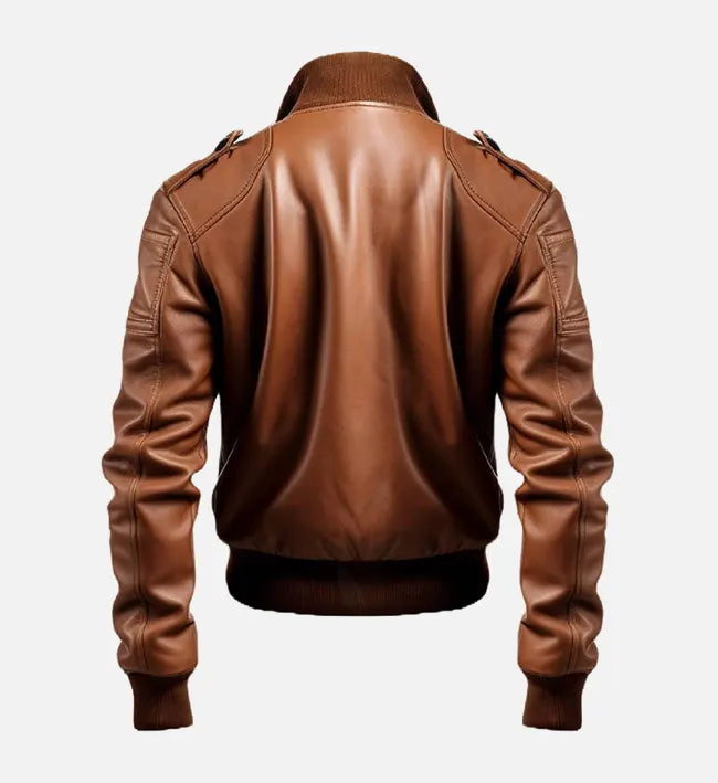 Men’s Brown Sheepskin Leather Jacket with Rib-Knitted Stand-Up Collar