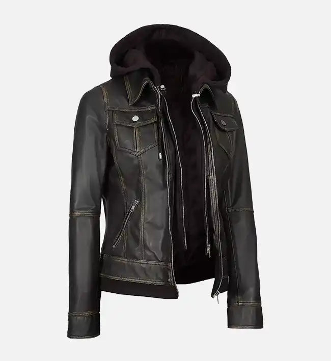 Women’s Sheepskin Leather Bomber Jacket – Dark Brown with Removable Hood