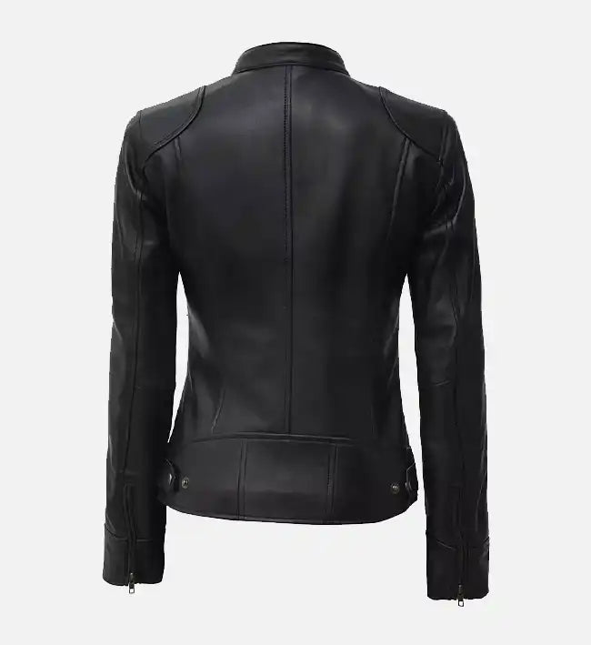 Women’s Sheepskin Leather Jacket – Black Café Racer with Padded Shoulders