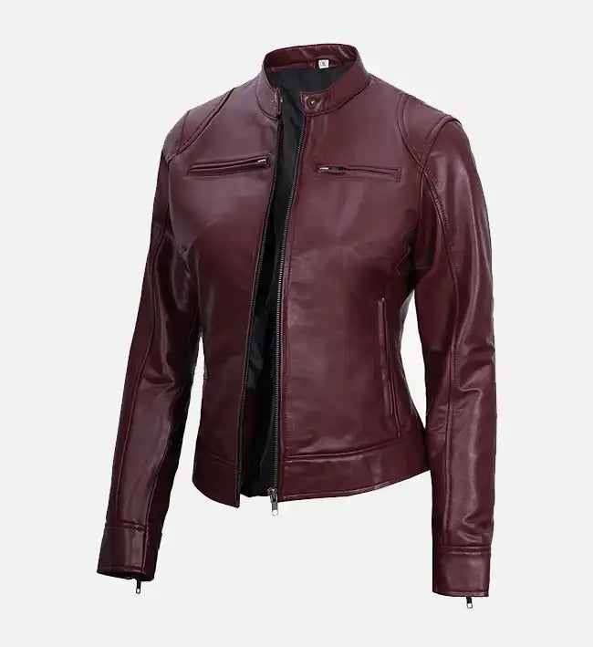 Women’s Sheepskin Leather Jacket – Maroon with Padded Shoulders & Panel Stitching