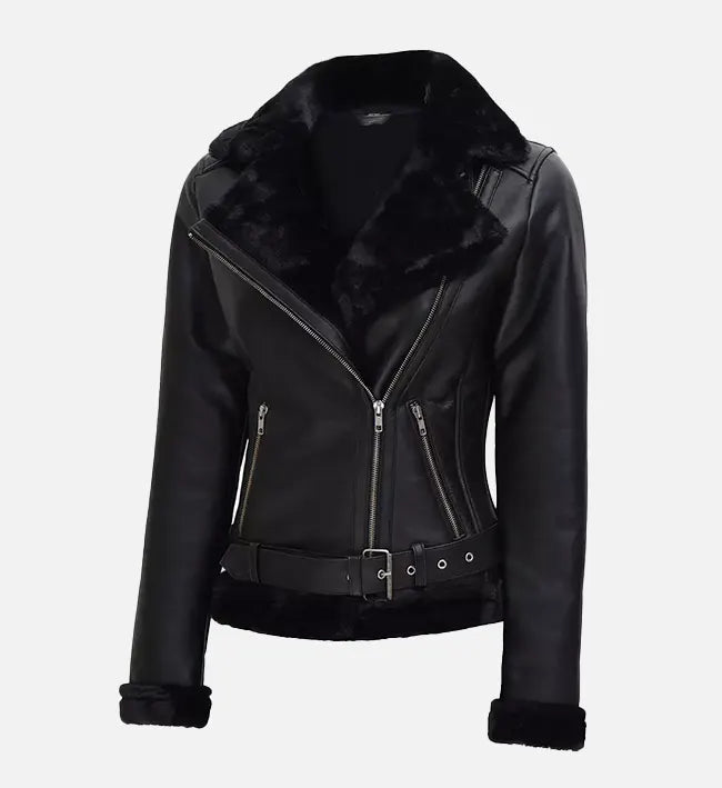 Women’s Sheepskin Leather Jacket – Black with Faux Shearling Details