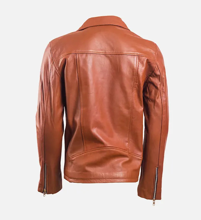 Men’s Sheepskin Leather Biker Jacket – Brown with Asymmetrical Zipper