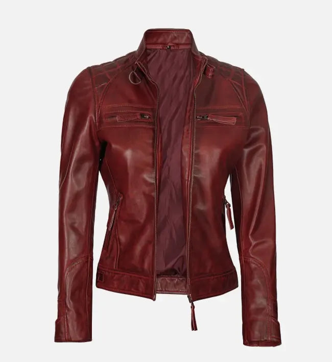 Women’s Sheepskin Reddish Quilted Café Racer Leather Jacket