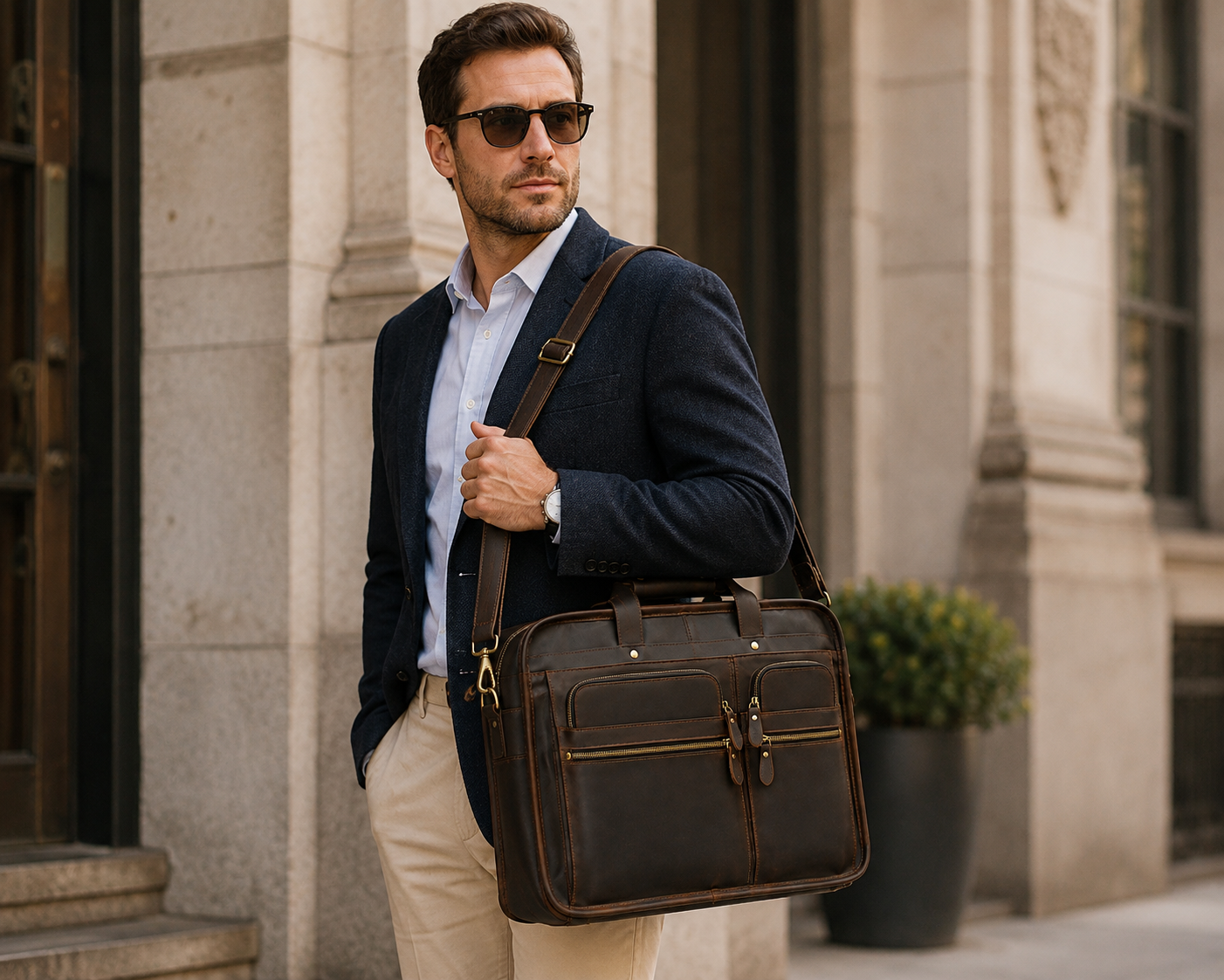 Crazy Horse Leather Laptop Briefcase – 3 Compartment Business Messenger Bag for Men & Women