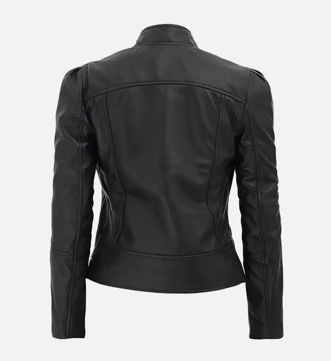 Women’s Black Slim-Fit Sheepskin Leather Jacket – Minimalist Stand Collar Design