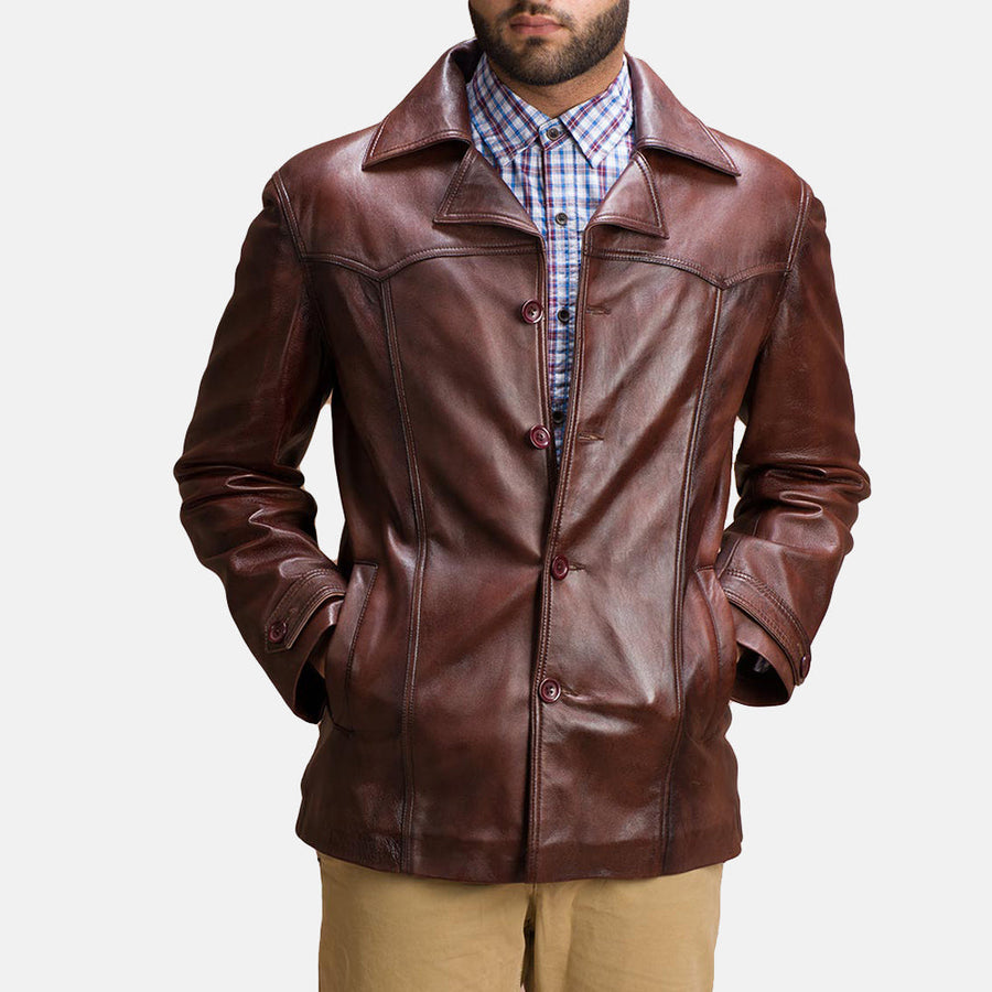 Men’s Brown Sheepskin Leather Jacket with Notch Collar