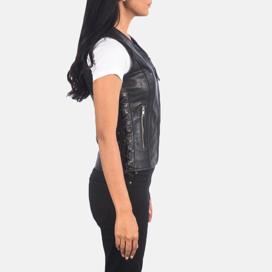 Women’s Black & Brown Sheepskin Leather Vest with V-Neck & Waist Laces