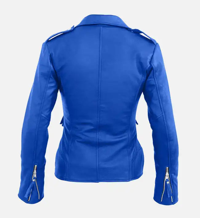 Women’s Blue Sheepskin Leather Biker Jacket – Asymmetrical Zip Style