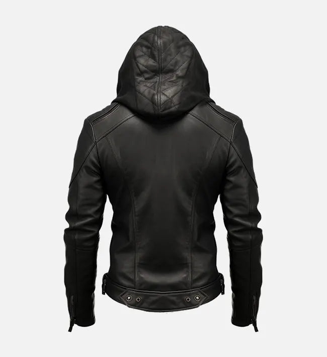 Men’s Sheepskin Leather Jacket – Black with Hooded Stand-Up Collar