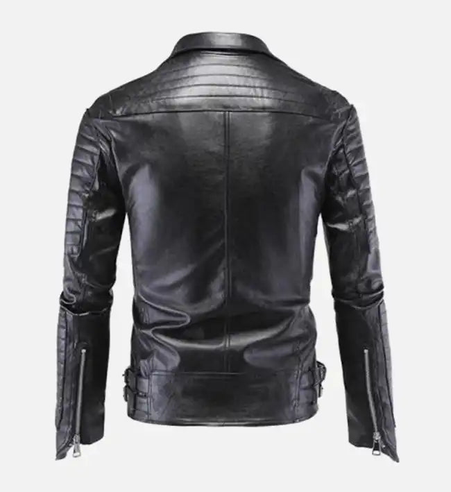 Women’s Sheepskin Leather Jacket – Black with Quilted Sleeves & Strap Waistline