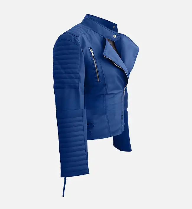 Women’s Blue Sheepskin Leather Jacket – Quilted Moto Style with Waist Belt