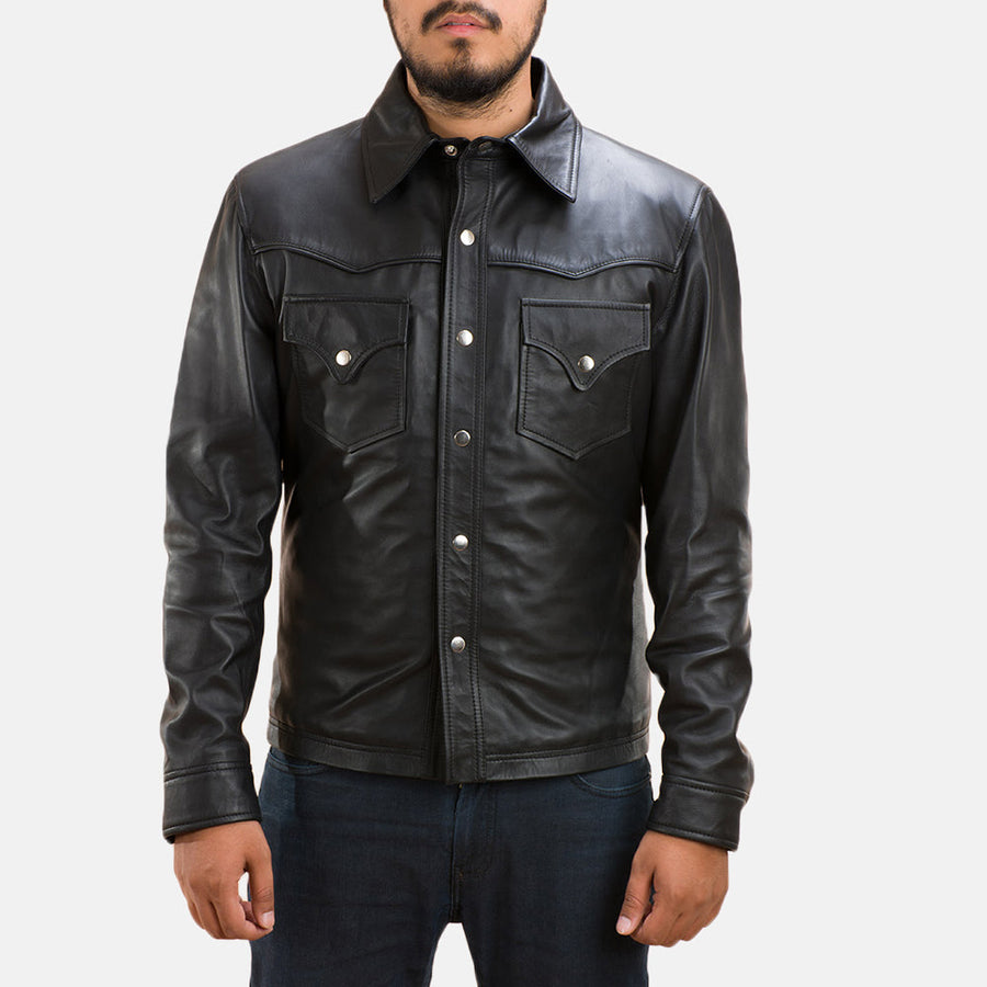 Black Sheepskin Leather Shirt Collar Jacket for Men