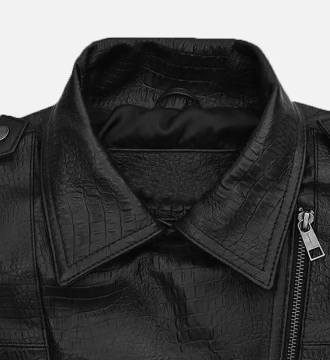 Men’s Black Croc-Embossed Sheepskin Leather Vest with Asymmetrical Zipper