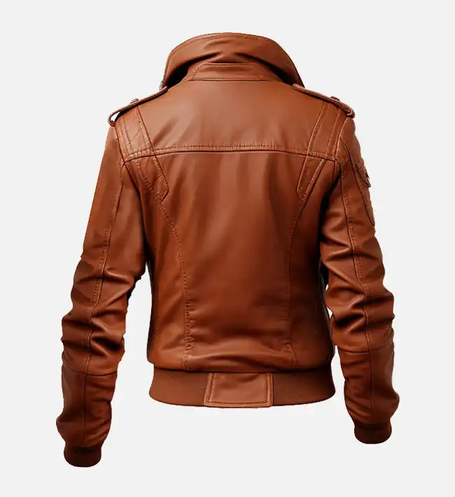 Women’s Brown Sheepskin Leather Bomber Jacket with Ribbed Details
