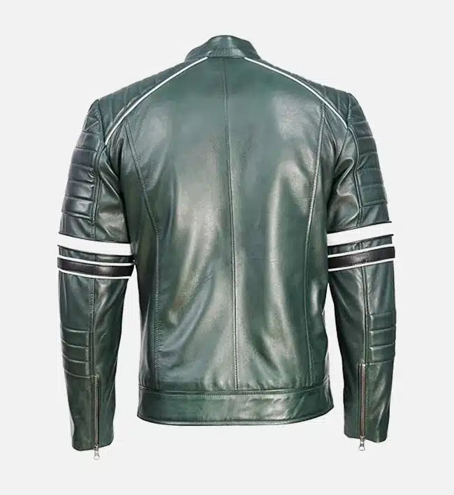 Men’s Sheepskin Leather Jacket – Dark Green with Quilted Shoulder Straps
