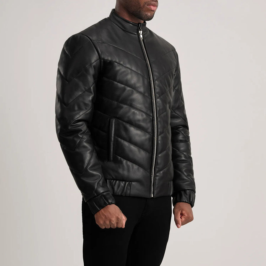 Men’s Sheepskin Real Leather Quilted Puffer Jacket with Band Collor
