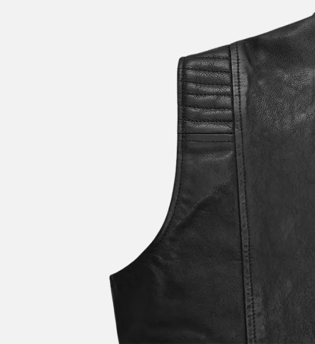 Men’s Black Sheepskin Leather Vest with Quilted Panels
