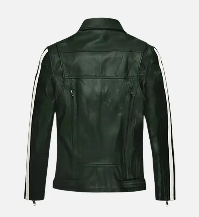 Men’s Sheepskin Vintage Green Biker Leather Jacket – with White Stripes & Quilted Waist Design