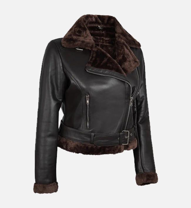Women’s Black & Brown Shearling Leather Biker Jacket with Asymmetrical Zipper
