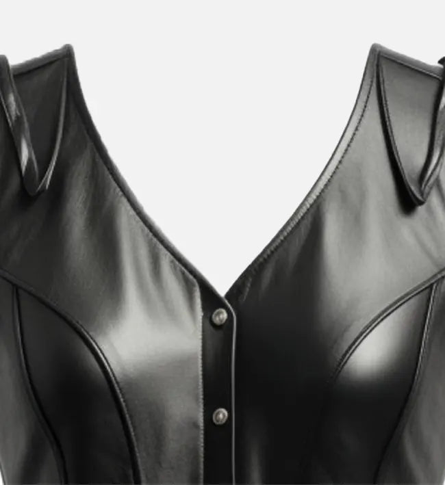 Women’s Black Sheepskin Leather Vest with Lace-Up Sides & V-Shaped Back Seam