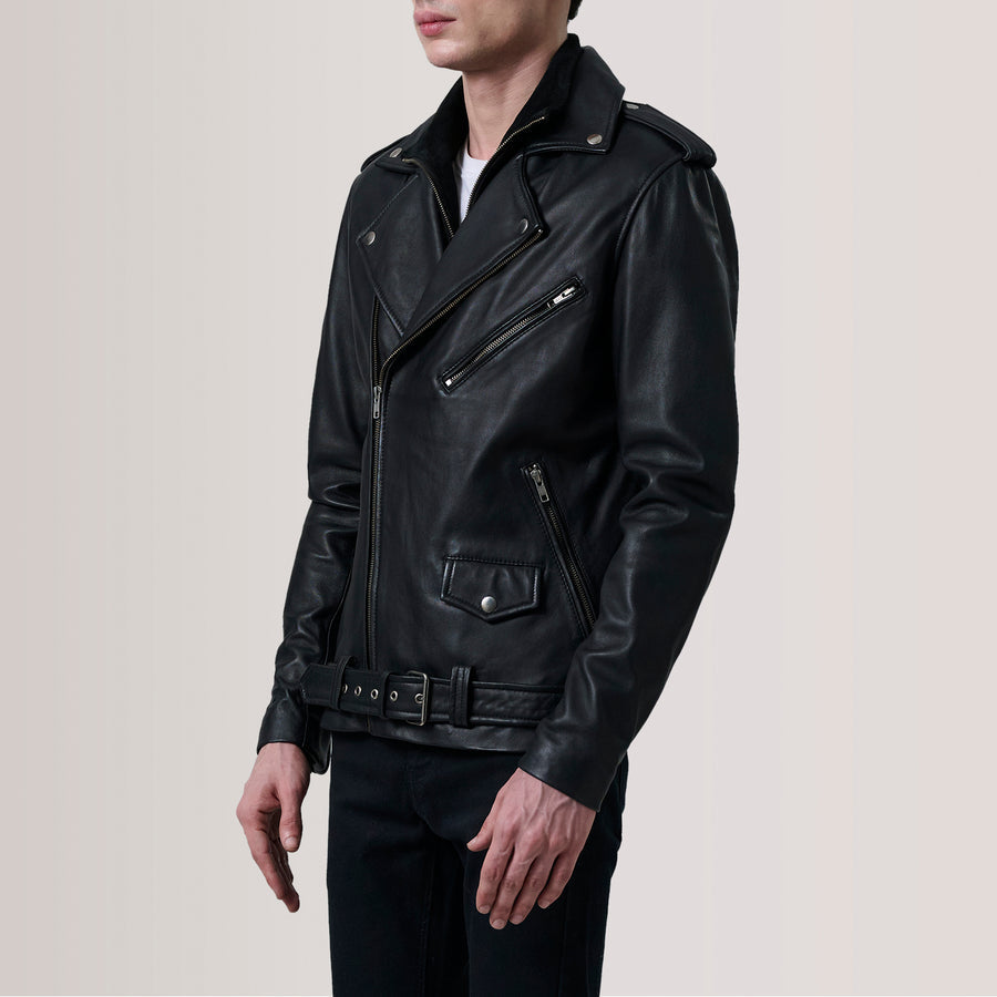 Men’s Sheepskin Leather Rider Jackets with Notch Collar &amp; Waist Straps – Semi-Aniline Finish