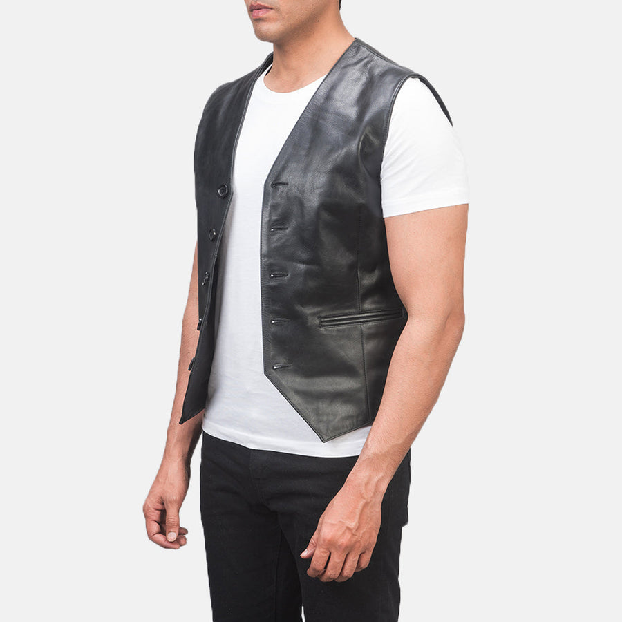 Men’s Pull-Up Cowhide Leather Vest – 5 Button Closure