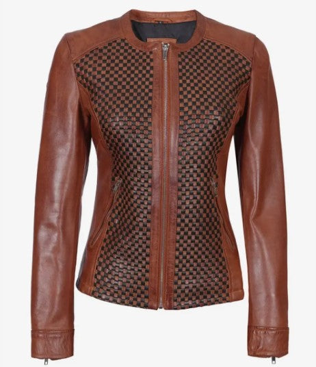 Women Genuine Leather Jacket, Female's Mandarin Collar Leather Jacket, Check Pattern Leather Jacket