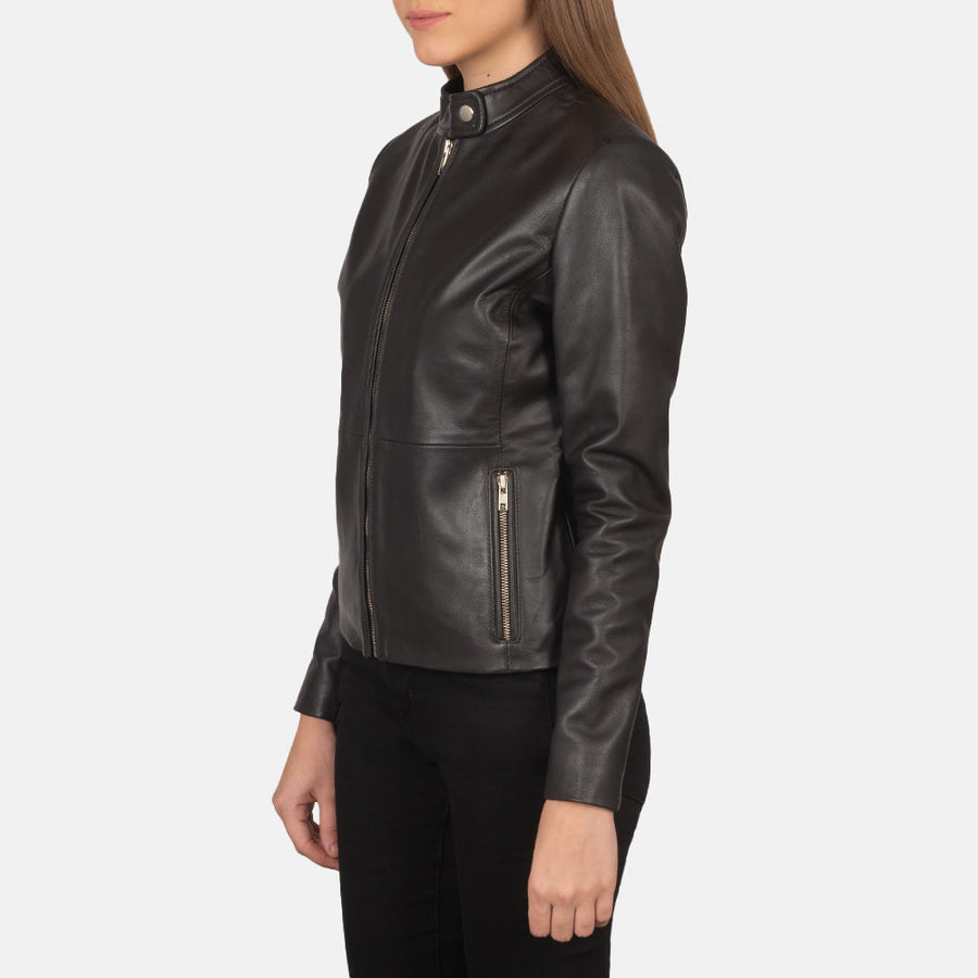 Women’s Sheepskin Leather Bomber Jacket with Band Collar