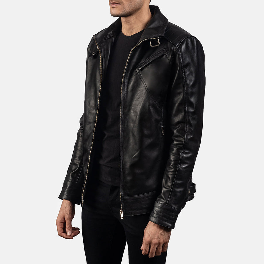 Black High-Neck Genuine Cowhide Leather Jacket For Men