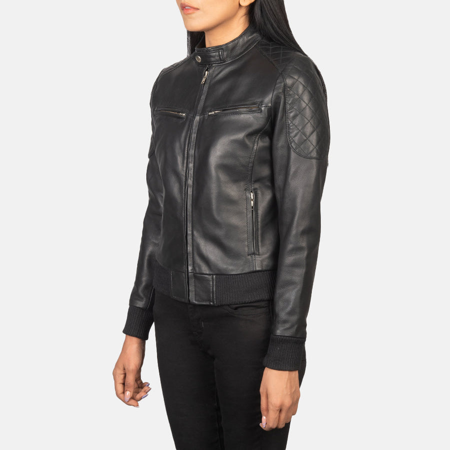 Women’s Black Genuine Sheepskin Leather Jacket with Band Collar