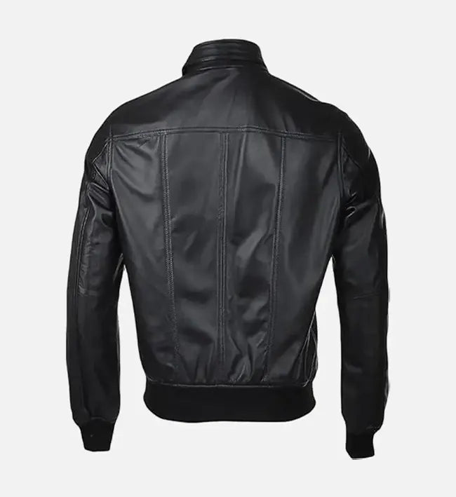 Men’s Sheepskin Snap Double Button Collar Black Leather Bomber Jacket
