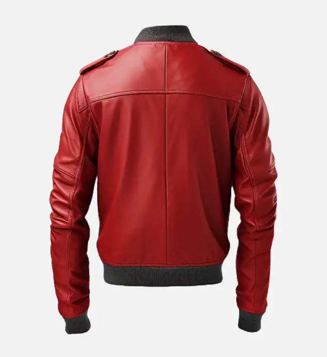 Men’s Stylish Sheepskin Leather Jacket – Red with Ribbed Detailing and Shoulder Epaulets