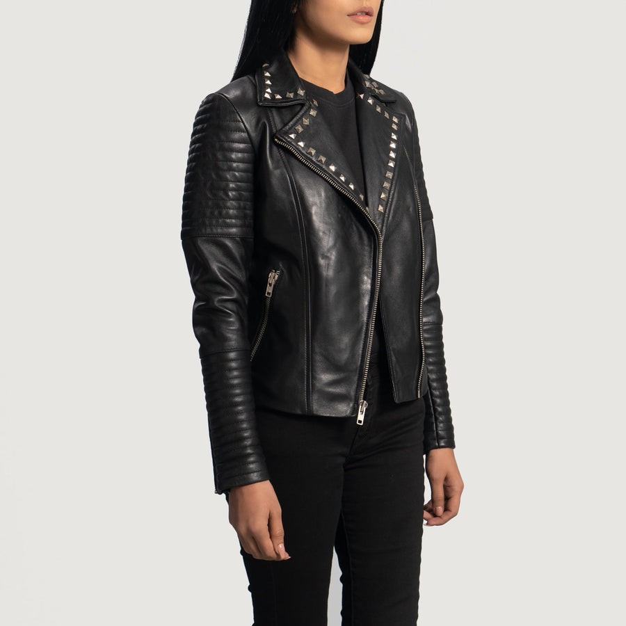 Genuine Sheepskin Studded Leather Biker Jacket For Women