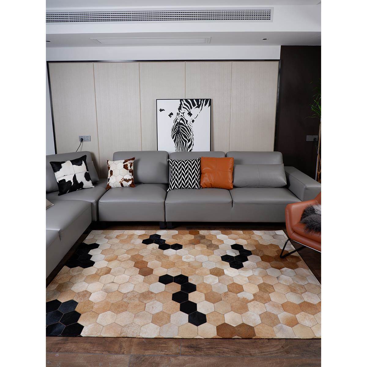 Premium Cowhide Patchwork Rectangle Rug – Handcrafted Natural Design