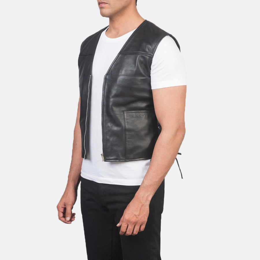 Men’s Black & Tan Brown Sheepskin Leather Vest with Leather Laces