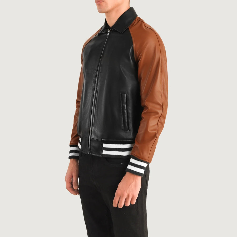 Men’s Varsity Leather Jacket – Real Sheepskin Semi-Aniline Bomber with Rib Knit Cuffs