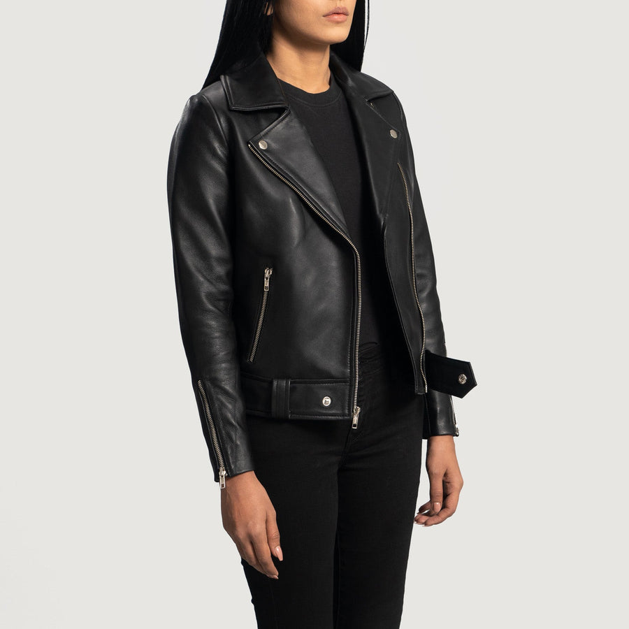 Women's Sheepskin Black Leather Biker Jacket