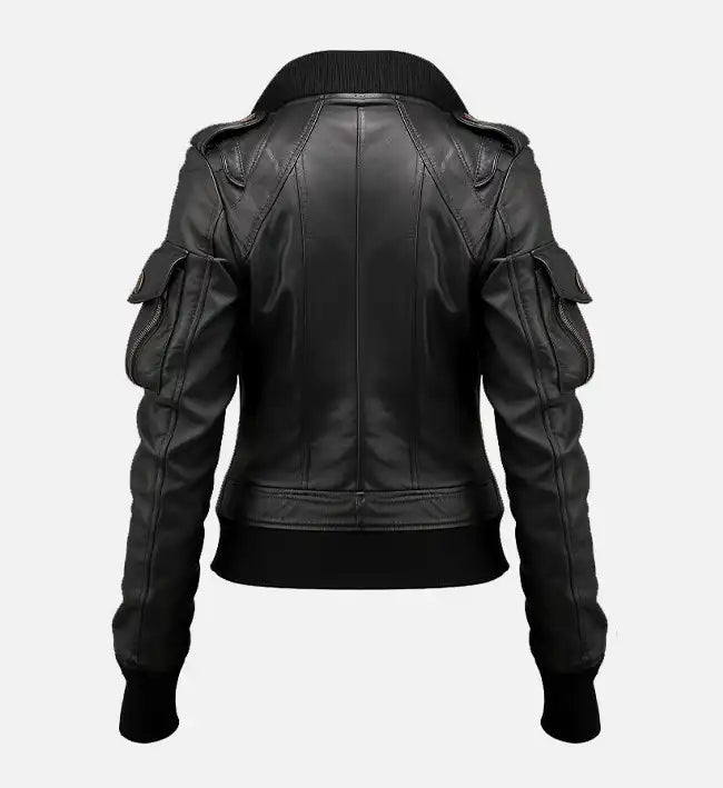 Women’s Black Sheepskin Leather Bomber Jacket – Ribbed Collar & Fitted Silhouette