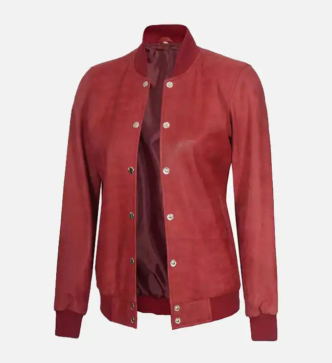 Women’s Sheepskin Rib Knit Style Leather Red Bomber Jacket